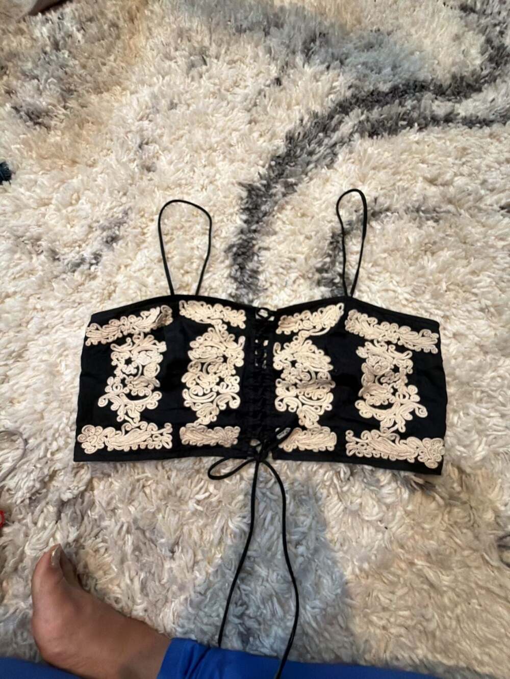 H&M Black and Cream Embroidered Lace-Up Crop Bustier Top